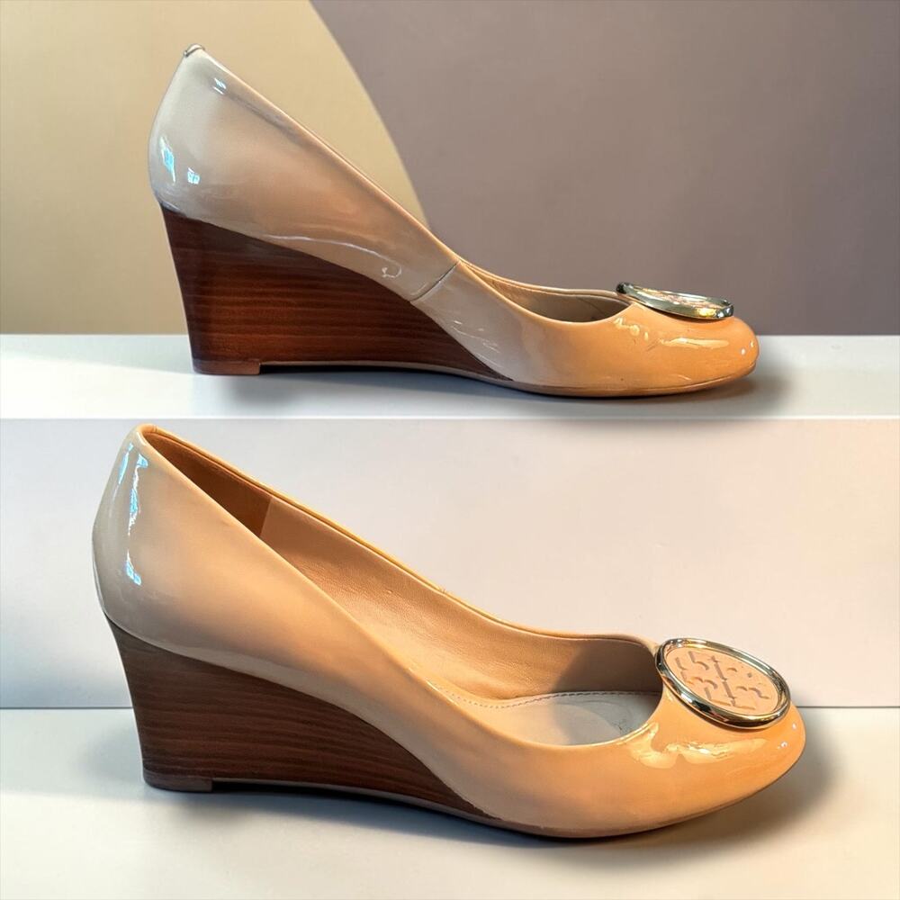 Size 7.5 Tory Burch Sally Patent Leather Wedge Pumps Tan Nude Size 7.5 EUC